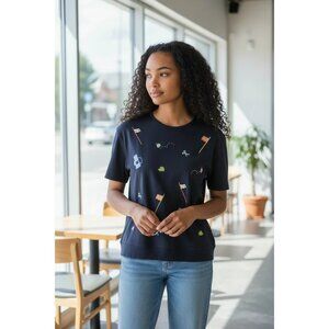 Karen Scott Vtg Womens Navy Golf-Themed Embroidered Short-Sleeve Top Navy Large